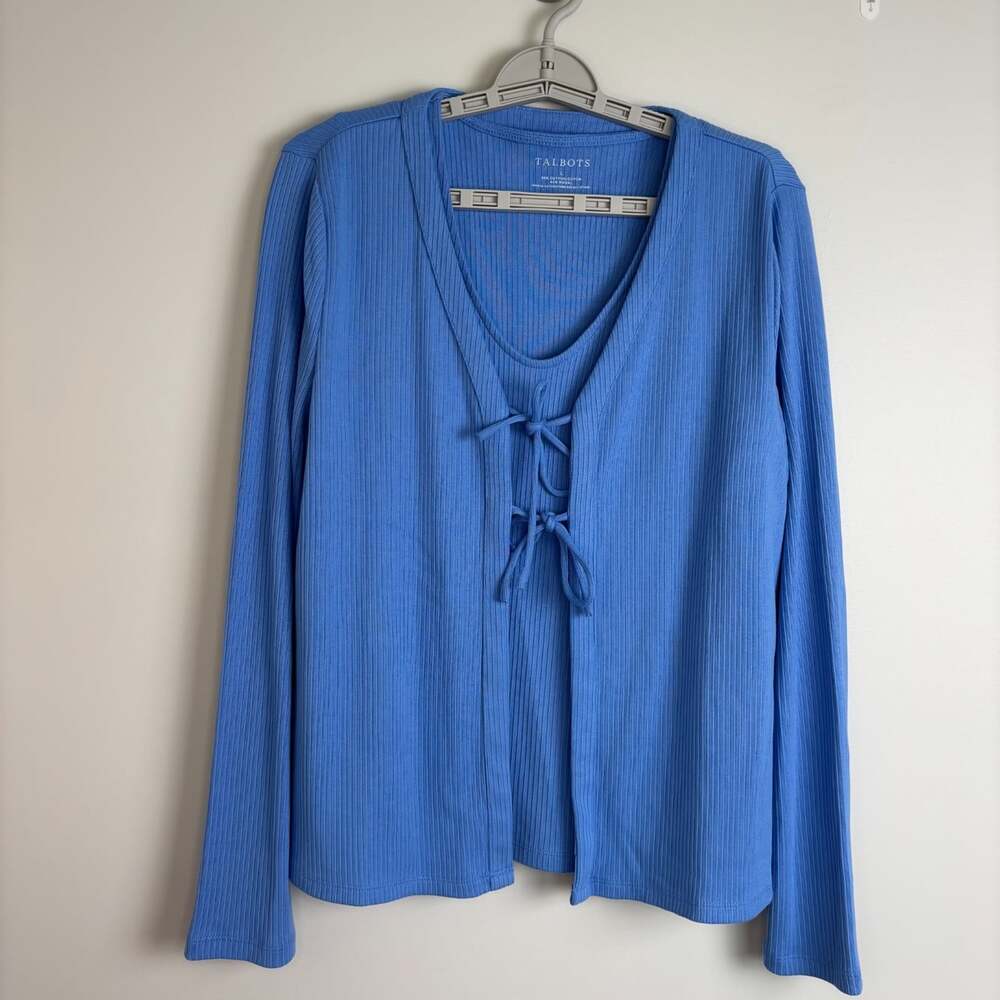 Talbots tank and cardigan set womens L periwinkle stretch ribbed front tie
